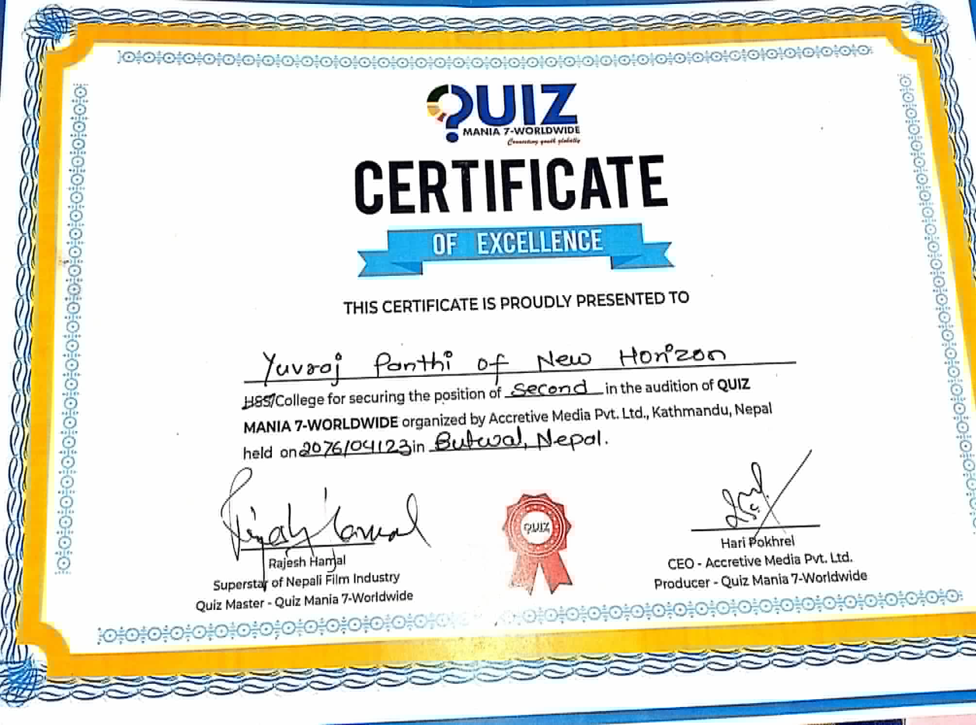 Certificate of Regional winner of International  Competition